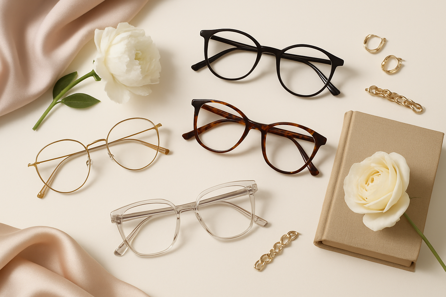 make a studio quality picture of some frames laying casually around with a light background and maybe some flowers an accessories